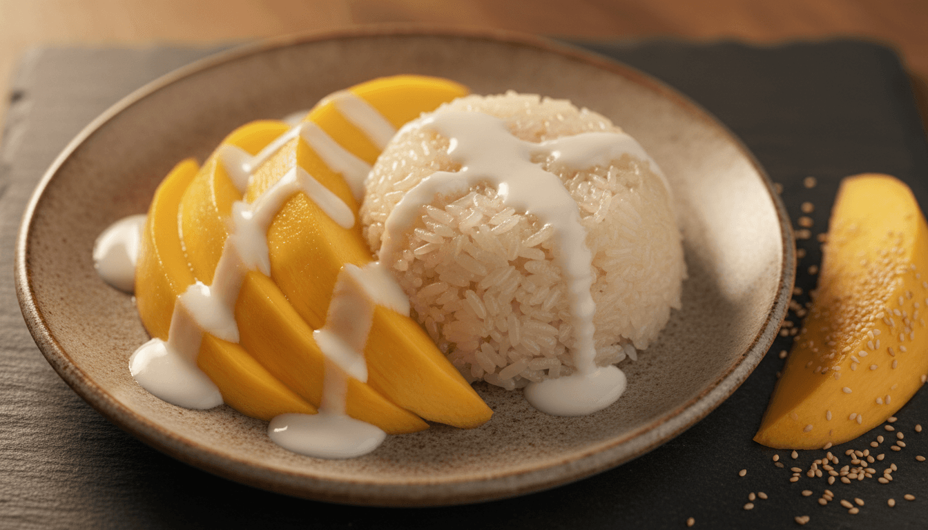 Mango sticky rice with coconut cream drizzle