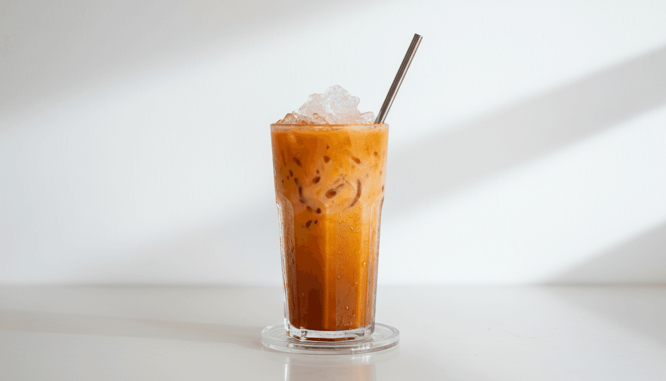 Tall glass of Thai milk tea with condensation and metal straw