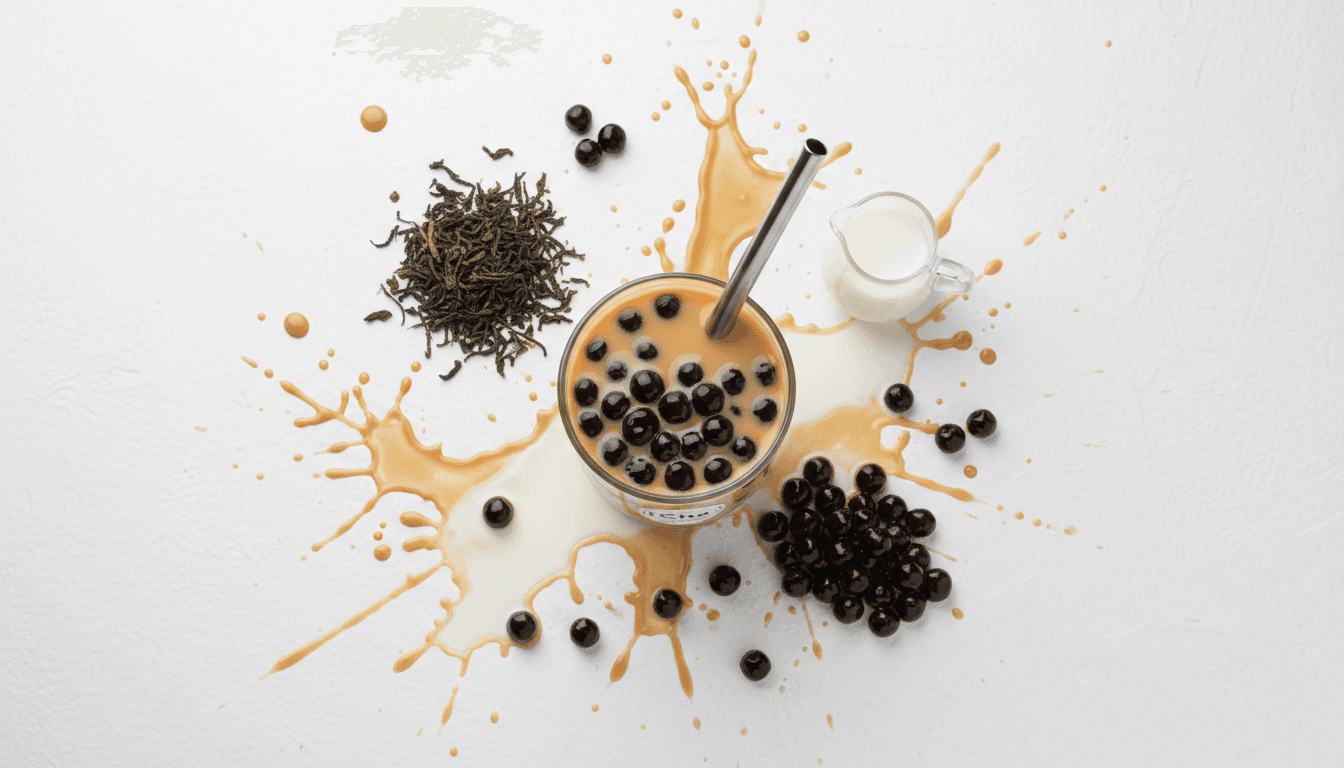 A fresh, bright lifestyle aesthetic overhead flat lay of a glass of iCha boba tea with tapioca pearls at the bottom, surrounded by ingredients like fresh milk, tea leaves, and a straw.