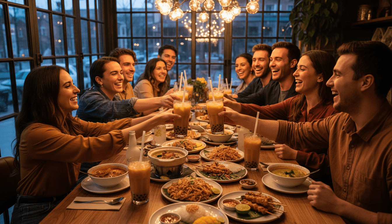 Friends gathered around a long table sharing Thai food at a private event