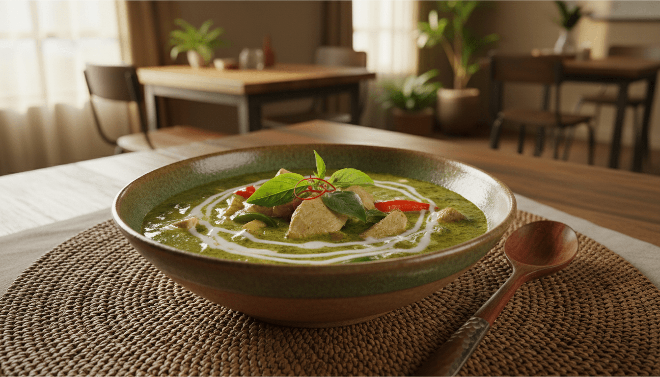 A warm, artisanal rustic aesthetic medium close-up shot of a bowl of green curry with chicken and vegetables, coconut cream swirl visible on top.