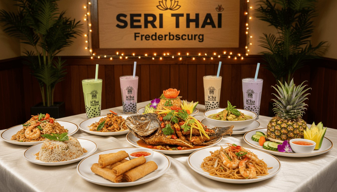 Elegant plated Thai dishes with garnishes on a table set for celebration