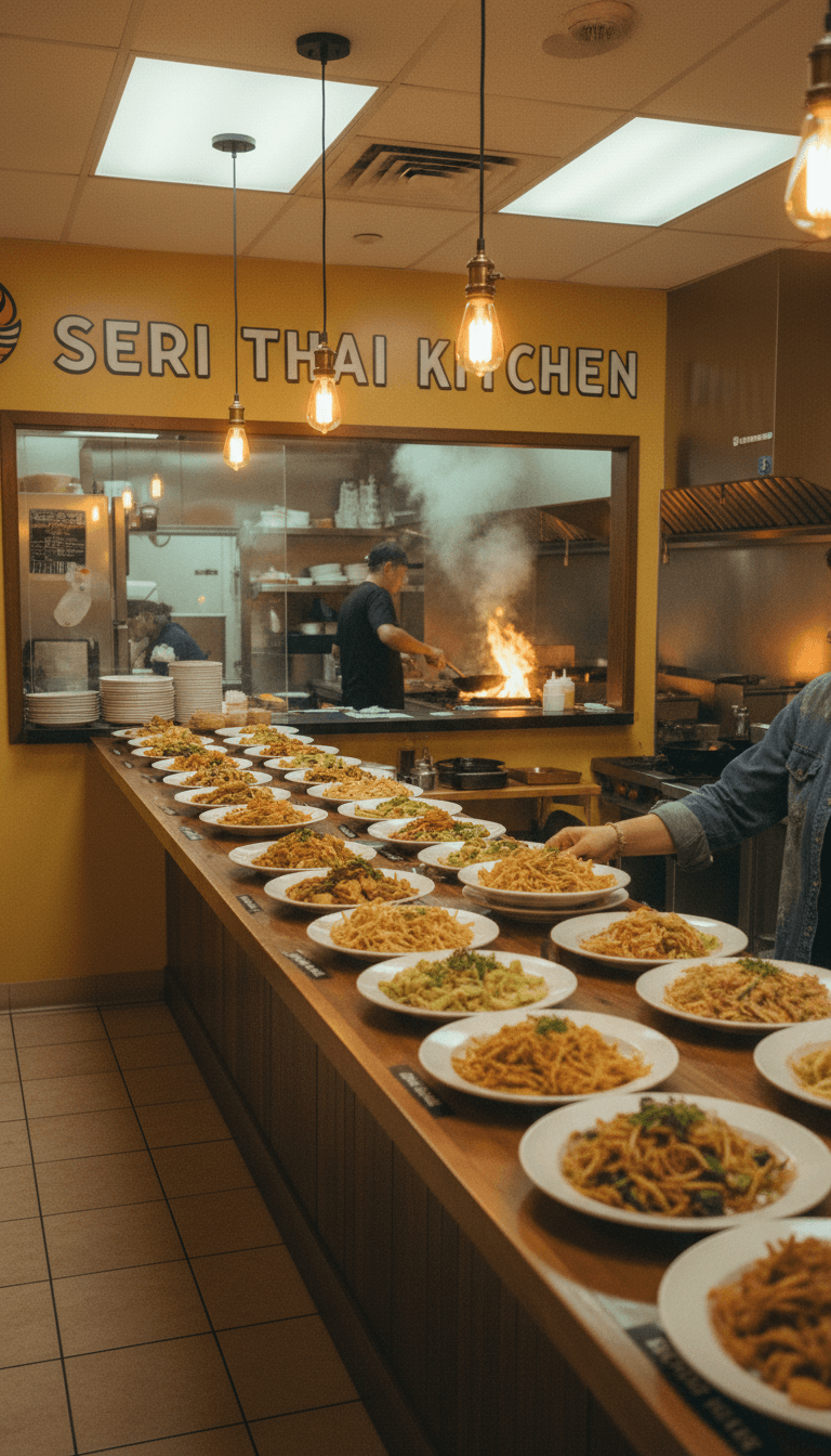 Self-serve lunch plates on a counter with a customer reaching