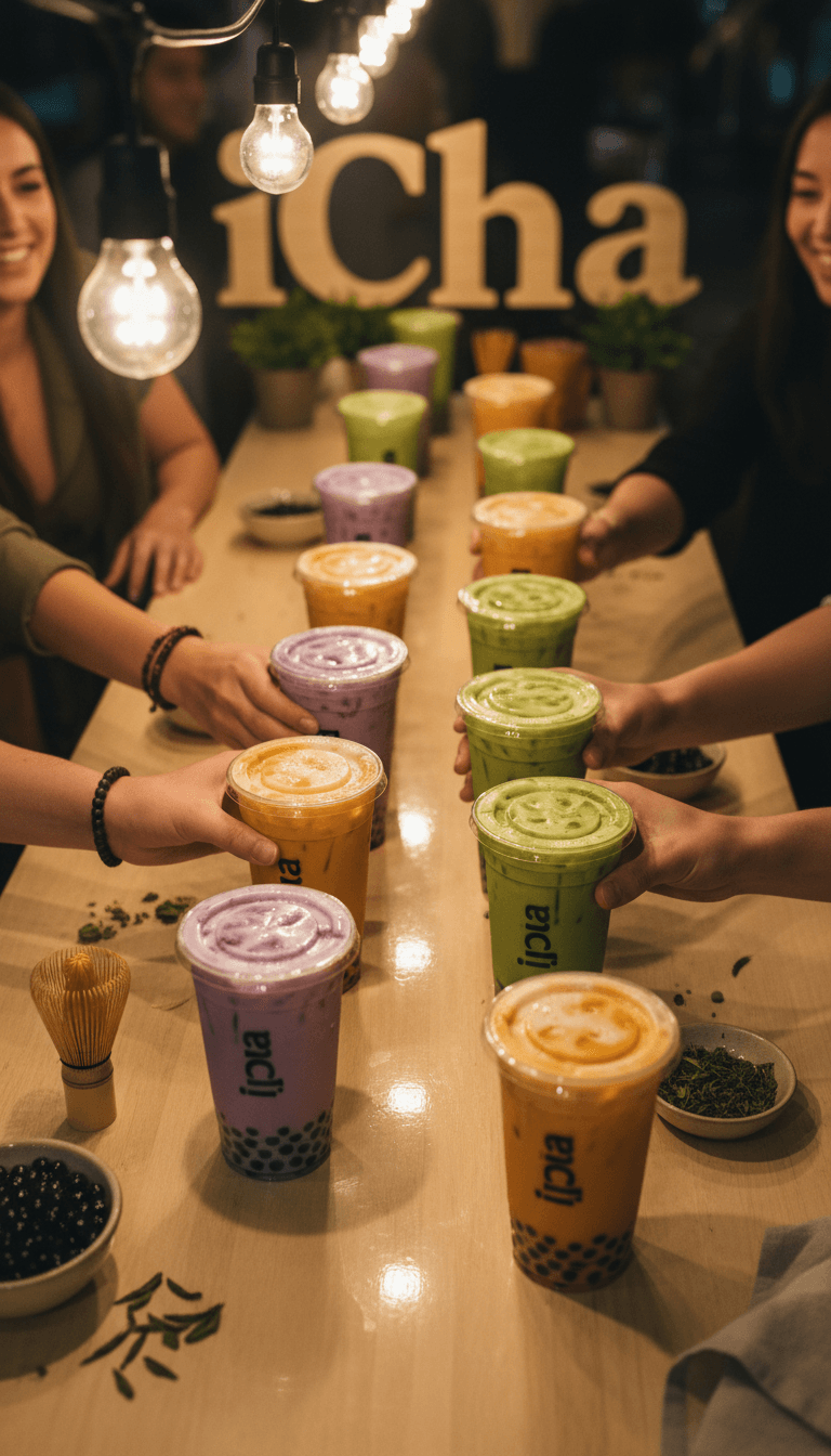 Friends grabbing boba drinks at the bar