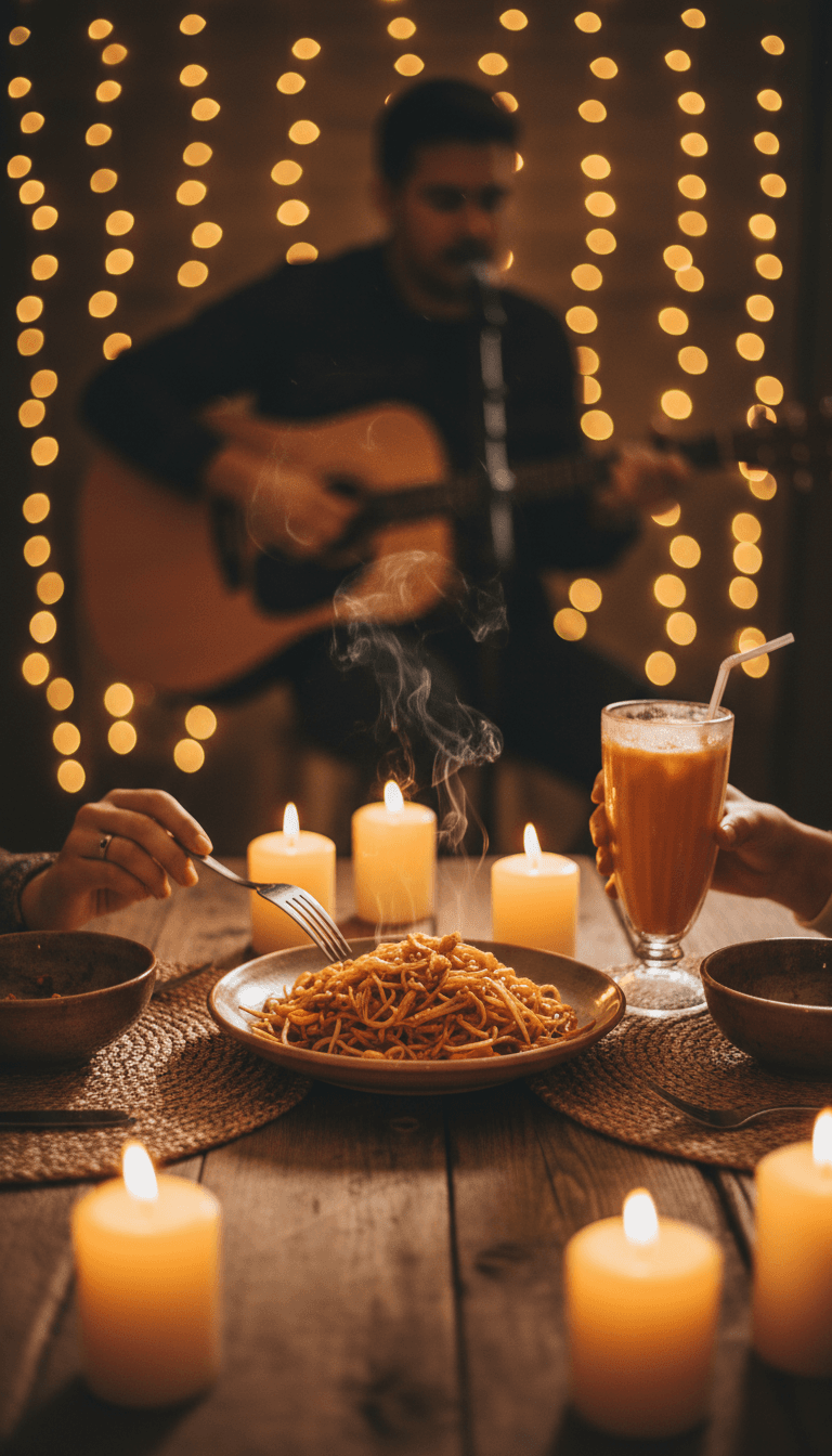 Guests sharing Thai dishes at a candlelit table