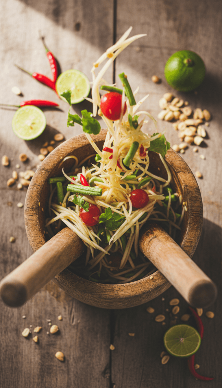 Green papaya salad being tossed in a wooden mortar