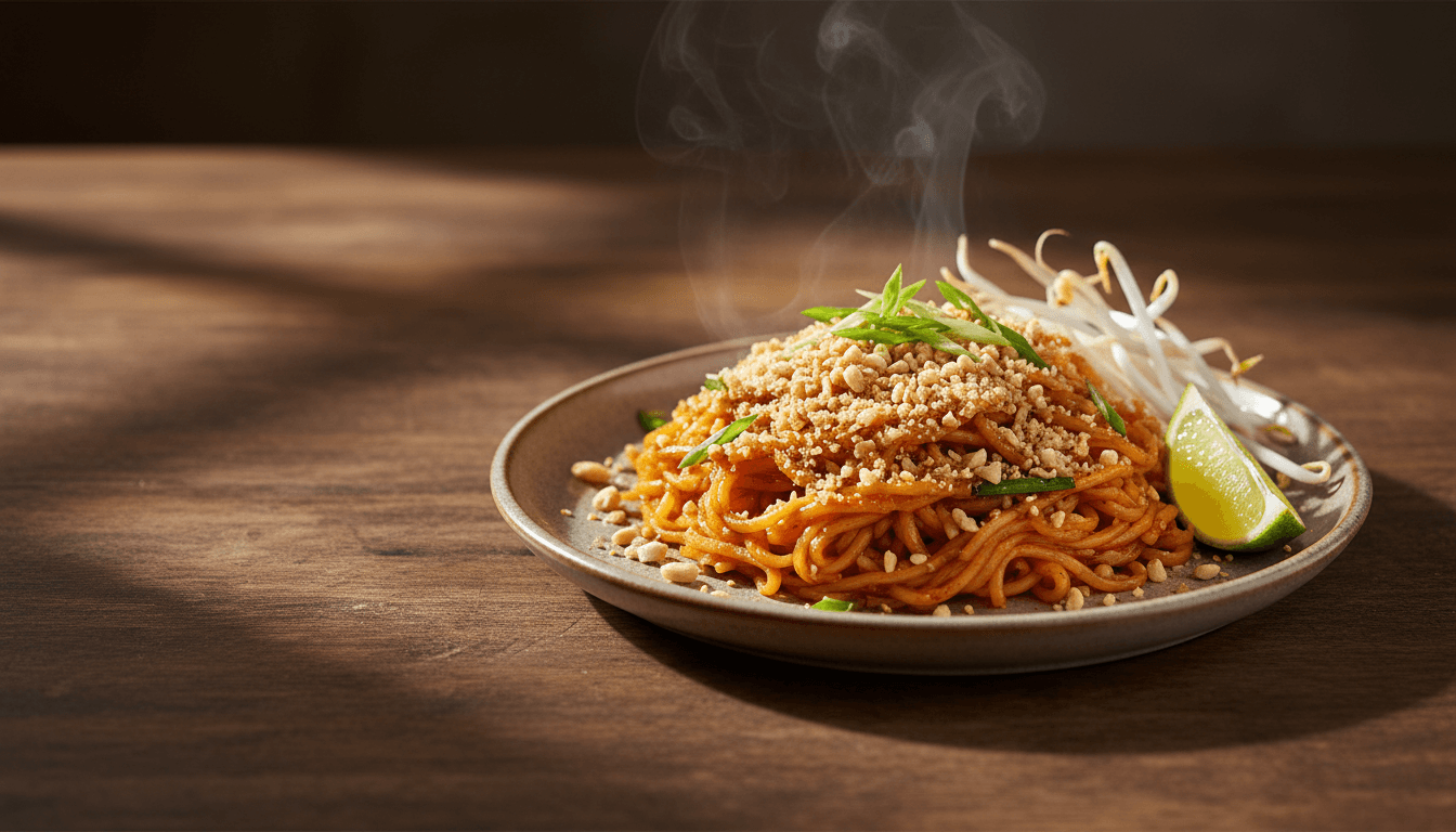 A warm, artisanal rustic aesthetic medium close-up shot of a plate of pad thai with bright orange sauce, crushed peanuts, and lime wedge, steam rising gently.