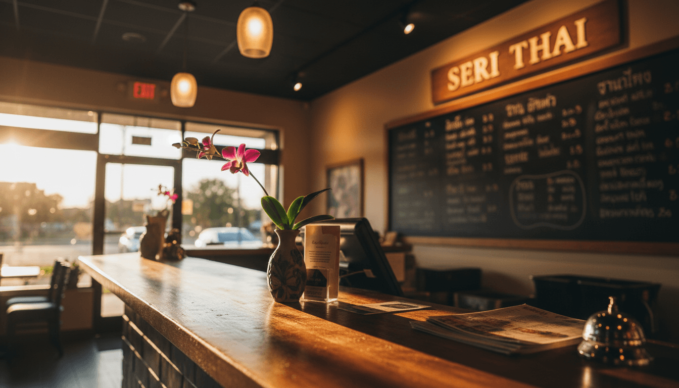 Seri Thai Fredericksburg counter with orchid and warm evening light