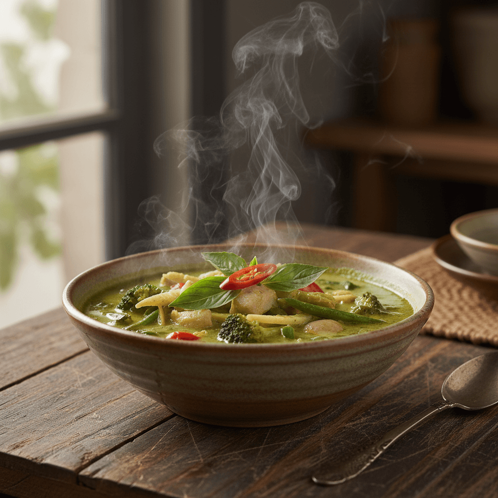 A warm artisanal rustic aesthetic close-up shot of a steaming bowl of Thai green curry with tender vegetables and basil leaves.