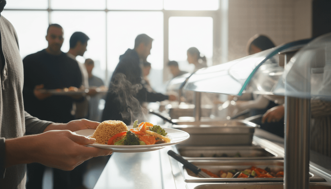 Customer picking up a plate from a self-serve steam table at lunch