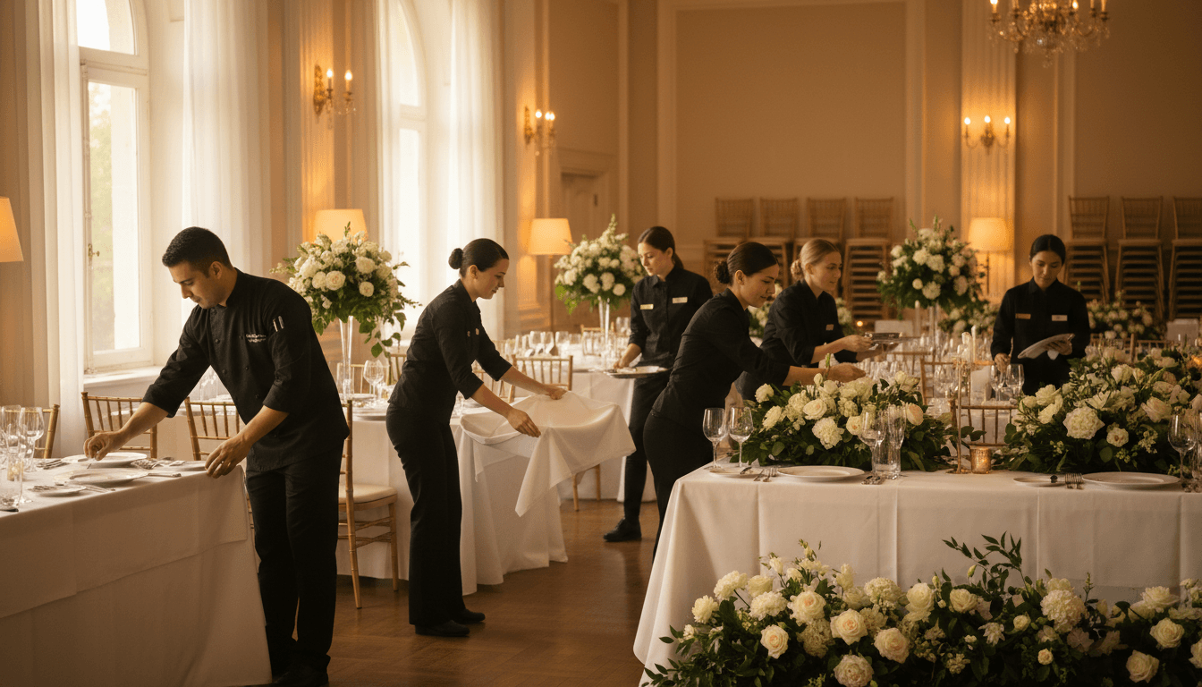 Professional catering team members coordinating table settings and decorations in elegant banquet hall during event setup