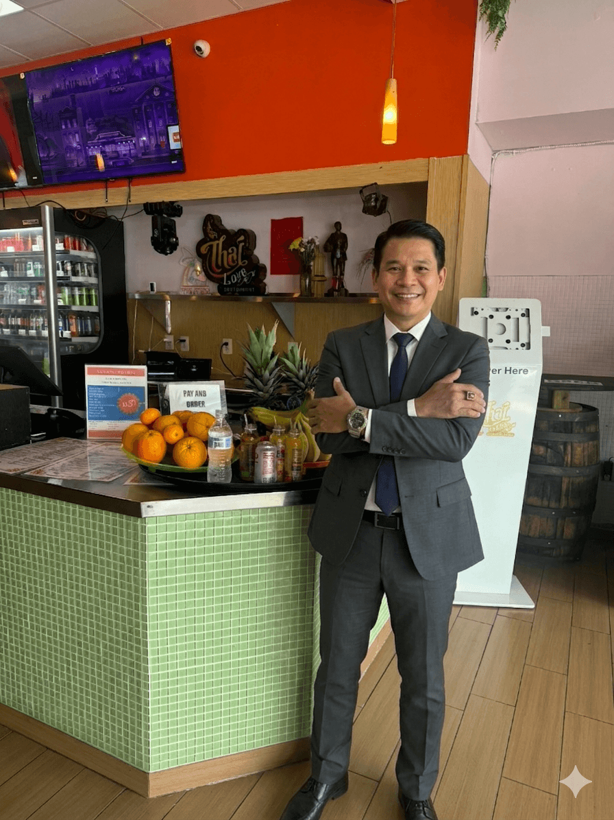 Smiling man in a grey suit stands with arms crossed inside a vibrant Thai restaurant.