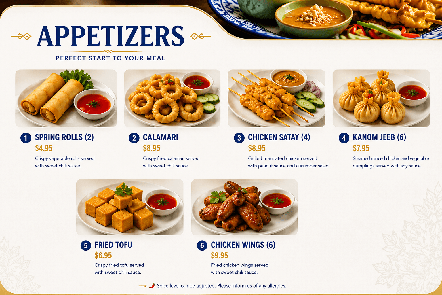Appetizer menu featuring spring rolls, calamari, chicken satay, dumplings, fried tofu, and chicken wings.