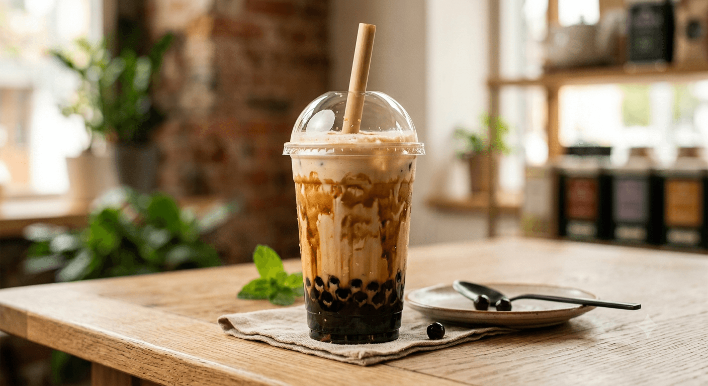 Layered brown sugar boba milk tea with black pearls and a bamboo straw on wood.