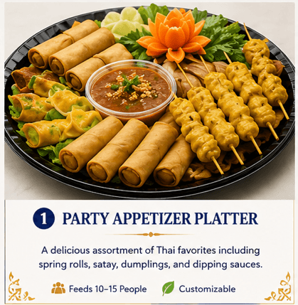 Thai appetizer platter featuring spring rolls, chicken satay, dumplings, and a central dipping sauce.