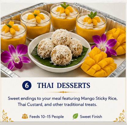 Thai dessert platter featuring mango custard, coconut-covered sticky rice balls, and fresh mango slices.