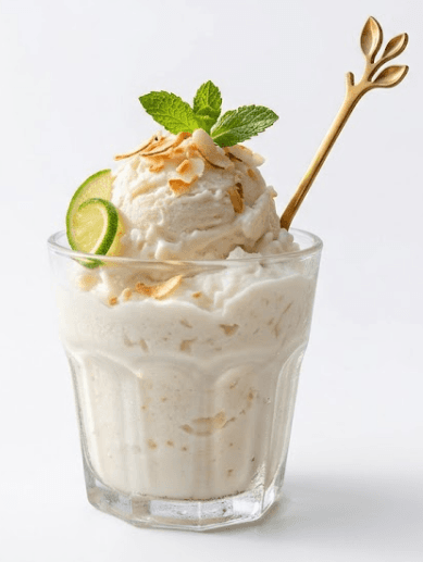 Creamy coconut sorbet in a glass with toasted flakes, mint, lime, and a gold spoon.