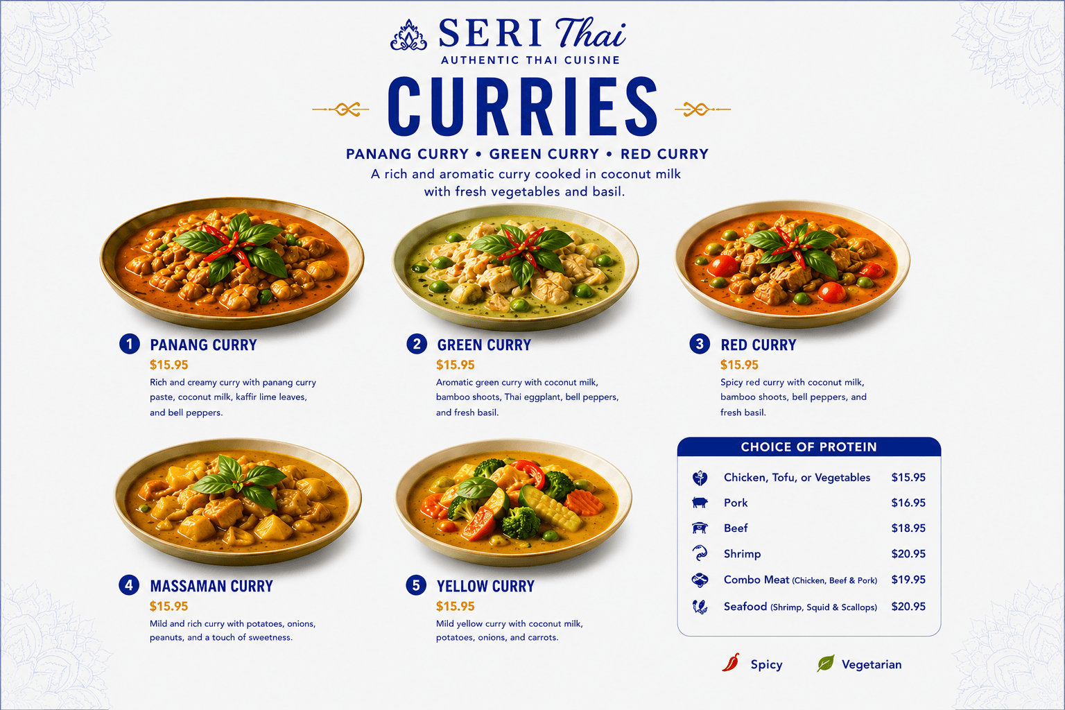 Seri Thai menu featuring five curry varieties with descriptions, prices, and protein selection options.
