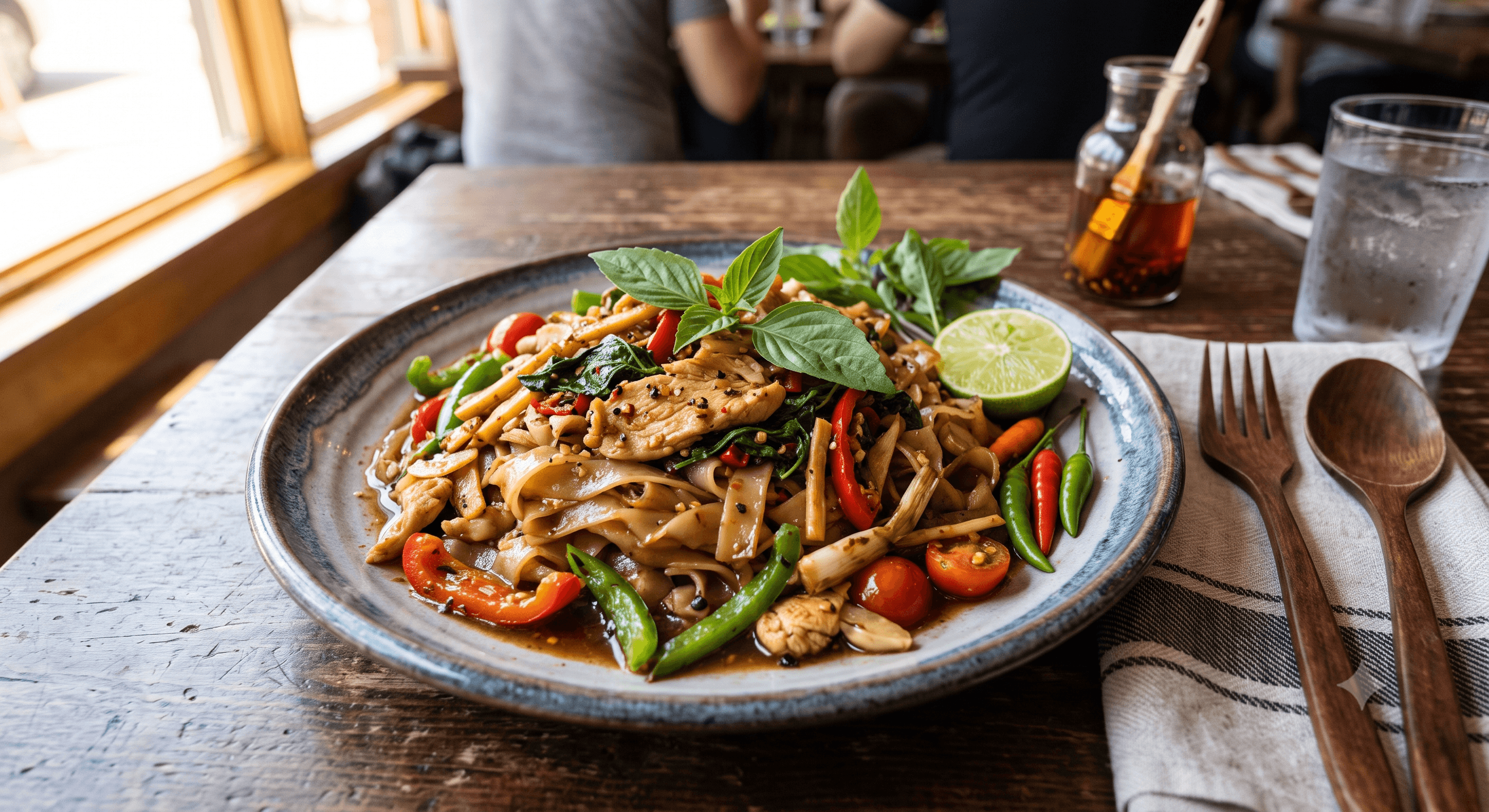 Thai drunken noodles with chicken, vegetables, and fresh basil on a rustic wooden table.