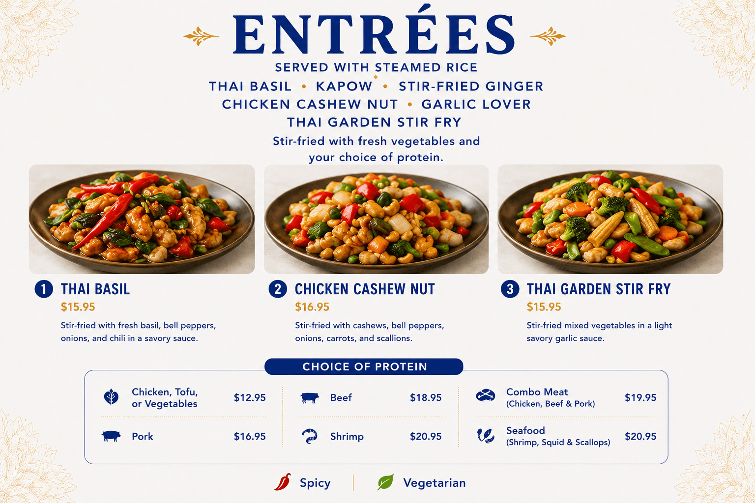 Thai restaurant menu for entrées featuring three stir-fry dishes with photos and protein pricing.