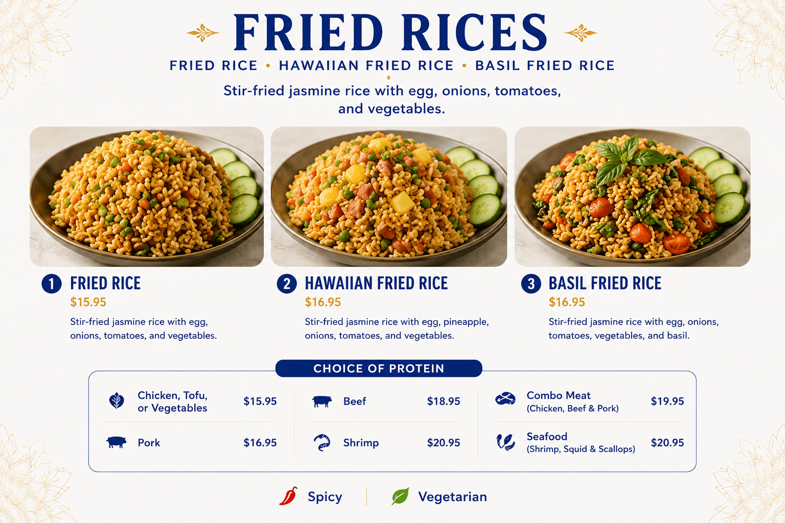 Menu for fried rices showing three dishes with photos, descriptions, and protein choice pricing.