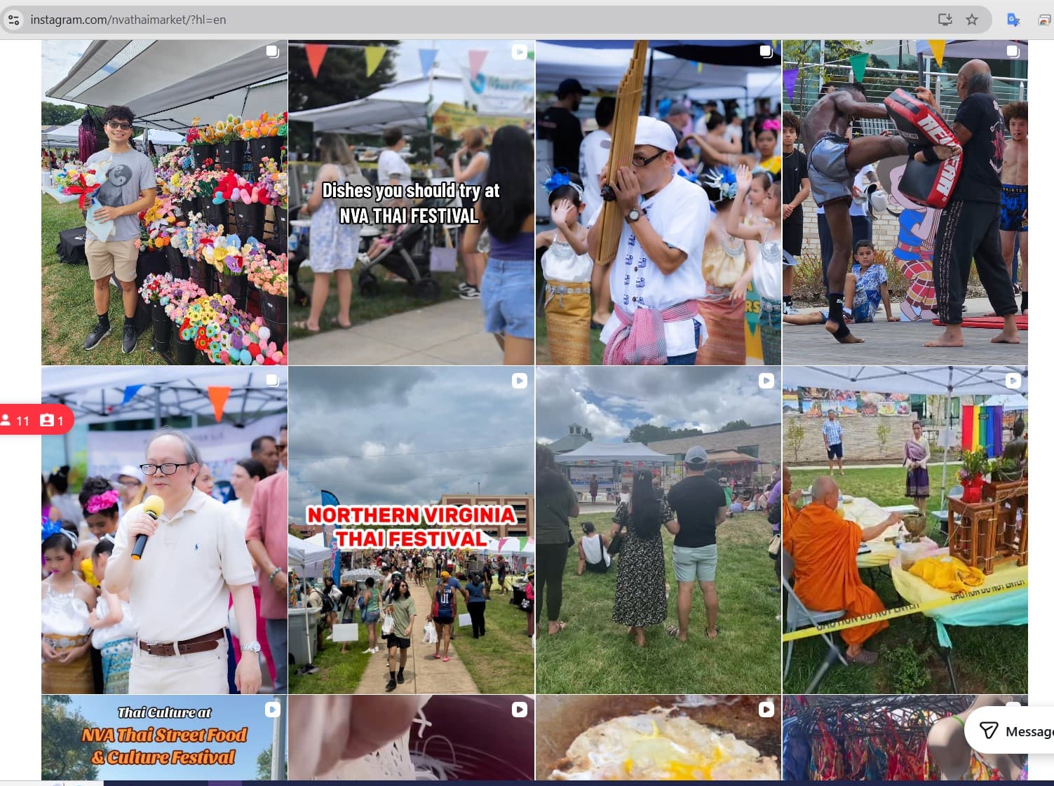 Instagram grid showcasing food, music, and Muay Thai at the Northern Virginia Thai Festival.
