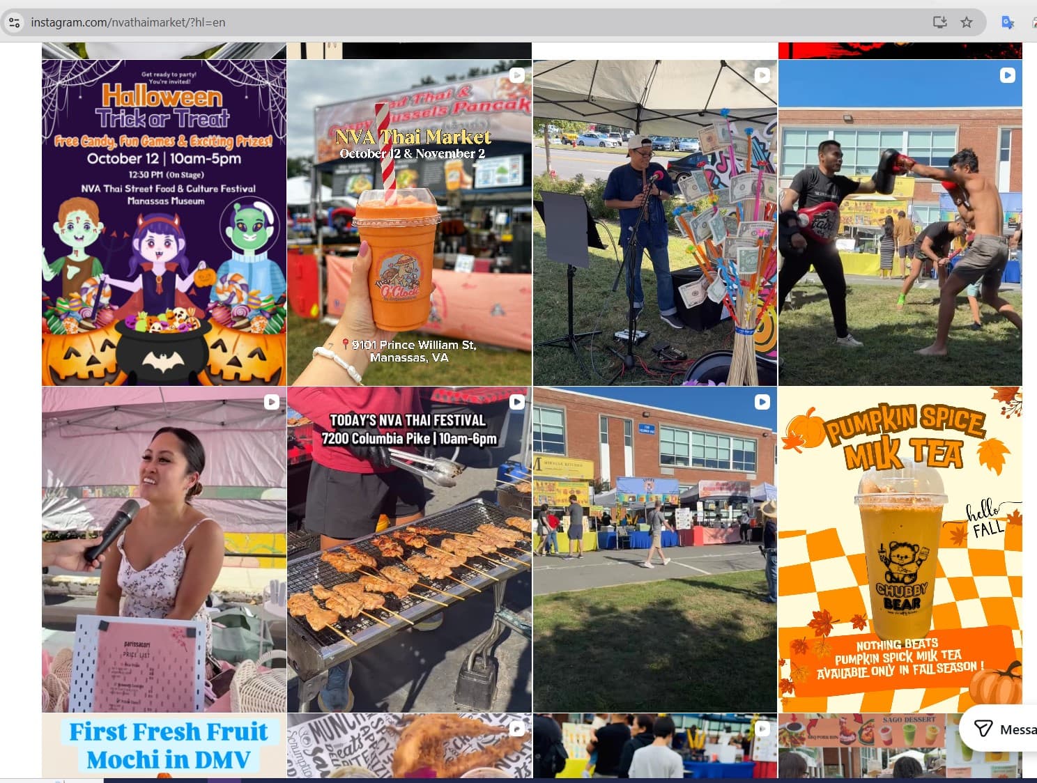 Instagram grid for NVA Thai Market featuring street food, cultural festivals, and seasonal event posters.