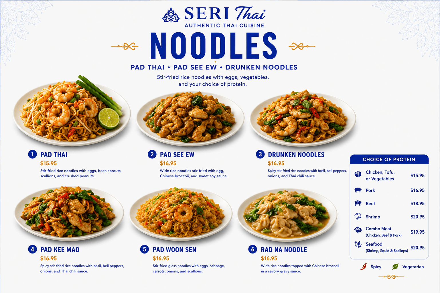 Seri Thai menu showcasing six noodle dishes with photos, descriptions, prices, and protein choices.
