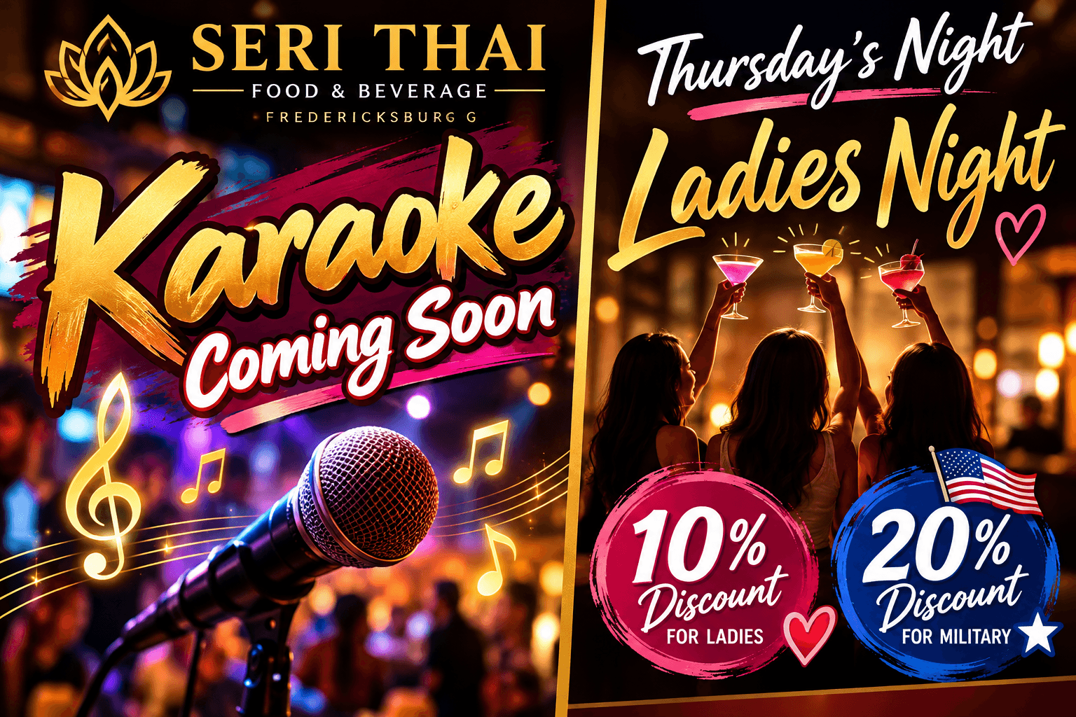Promotional flyer for Seri Thai featuring karaoke coming soon and Thursday night ladies night specials.