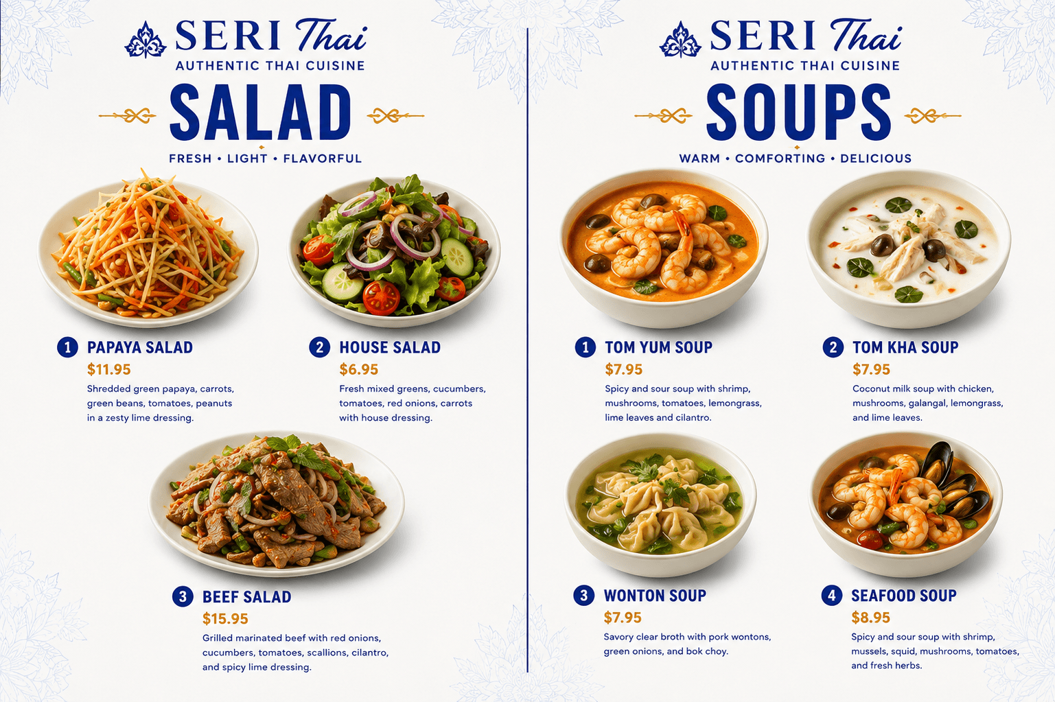 Seri Thai menu featuring salad and soup sections with colorful photos, prices, and descriptions.