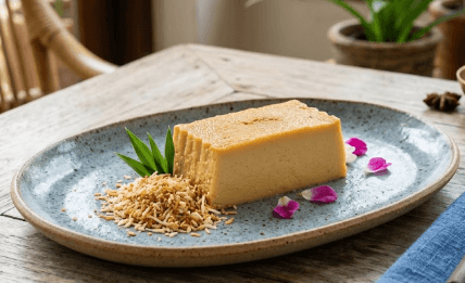 Rectangular tan custard with toasted coconut and pink petals on a speckled blue plate.