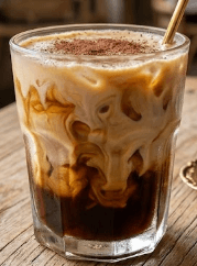 Creamy milk swirls into dark iced coffee in a glass, topped with cocoa powder.