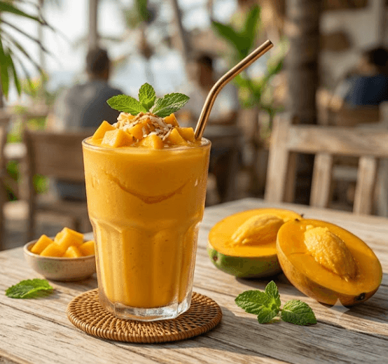 Mango smoothie topped with fresh fruit and mint on a sunny tropical outdoor table.